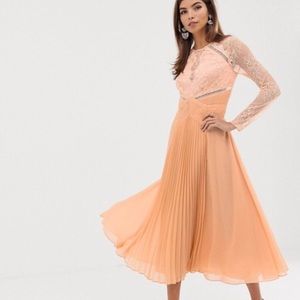 ASOS long sleeve lace panelled pleat midi dress